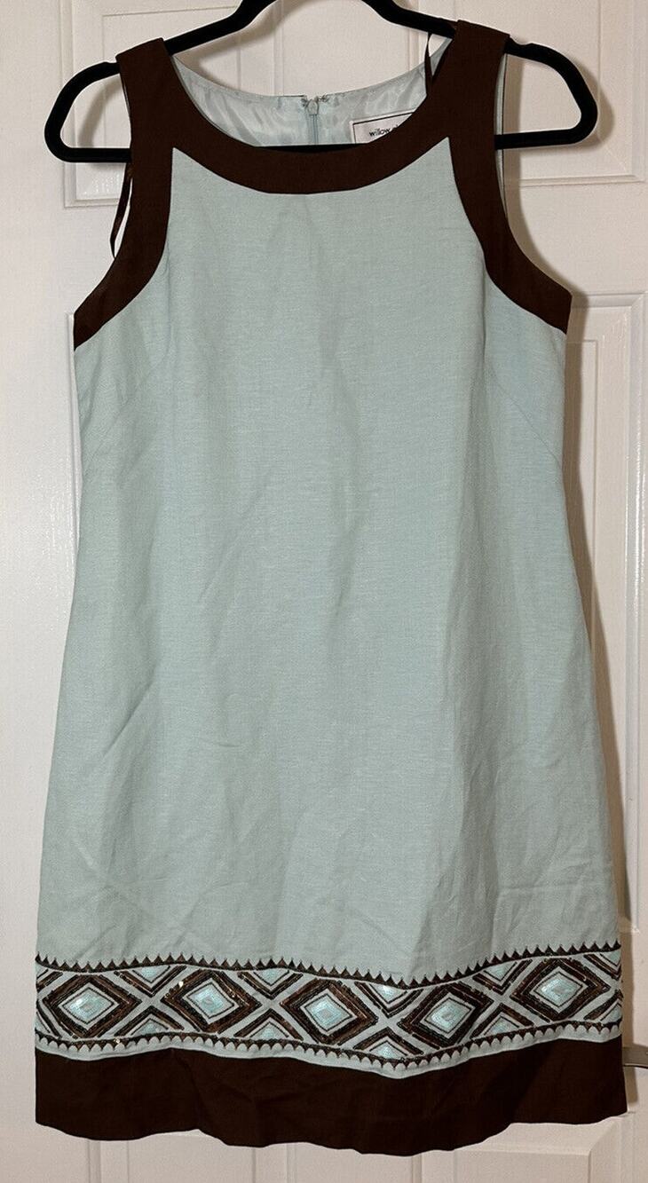 Willow Glenn Dress linen Blend knee sheath shift sleeveless bead aqua brown 6